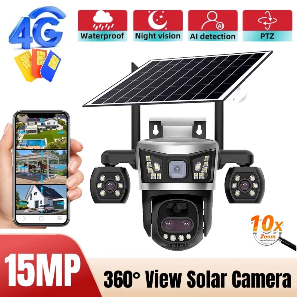 Telecamera di Sicurezza Solare 4G con Tripla Lente Zoom 360 ° Telecamera di Sorveglianza Wireless per Esterni con Visione Notturna, Rilevamento Umano PIR, Impermeabile IP66