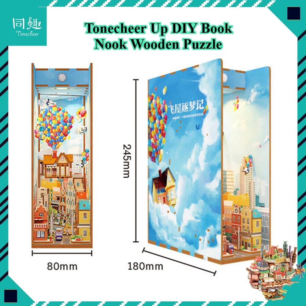 Tonecheer Up DIY Book Nook Wooden Puzzle Bookend Diorama Model Kit 3D Dollhouse Decoration Toys Friends Birthday Surprise Gift