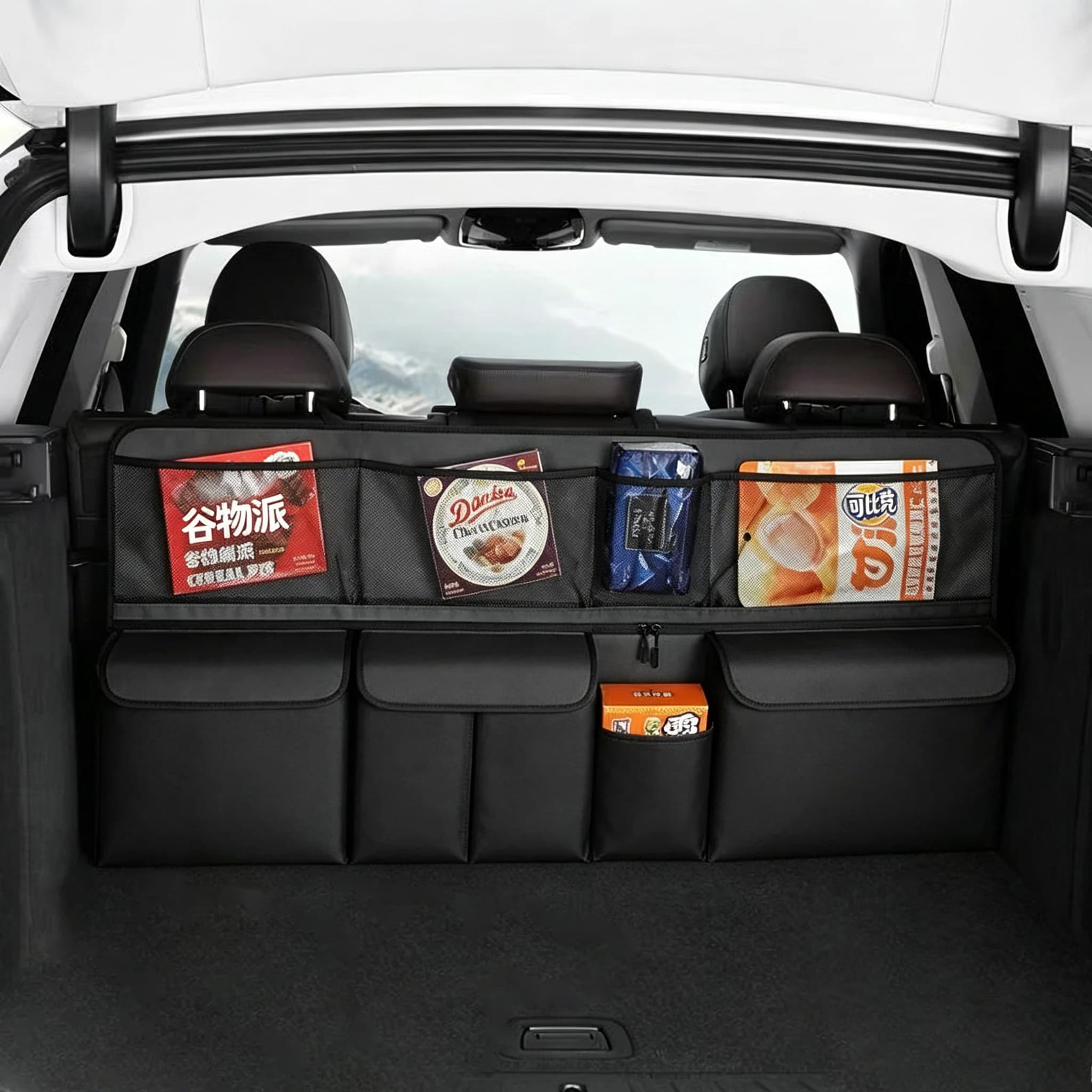 Multi-Pocket Car Storage Bag Hanging Backseat Trunk Organizer with Mesh Pocket And Zippered Compartment for SUVs Minivans Trucks