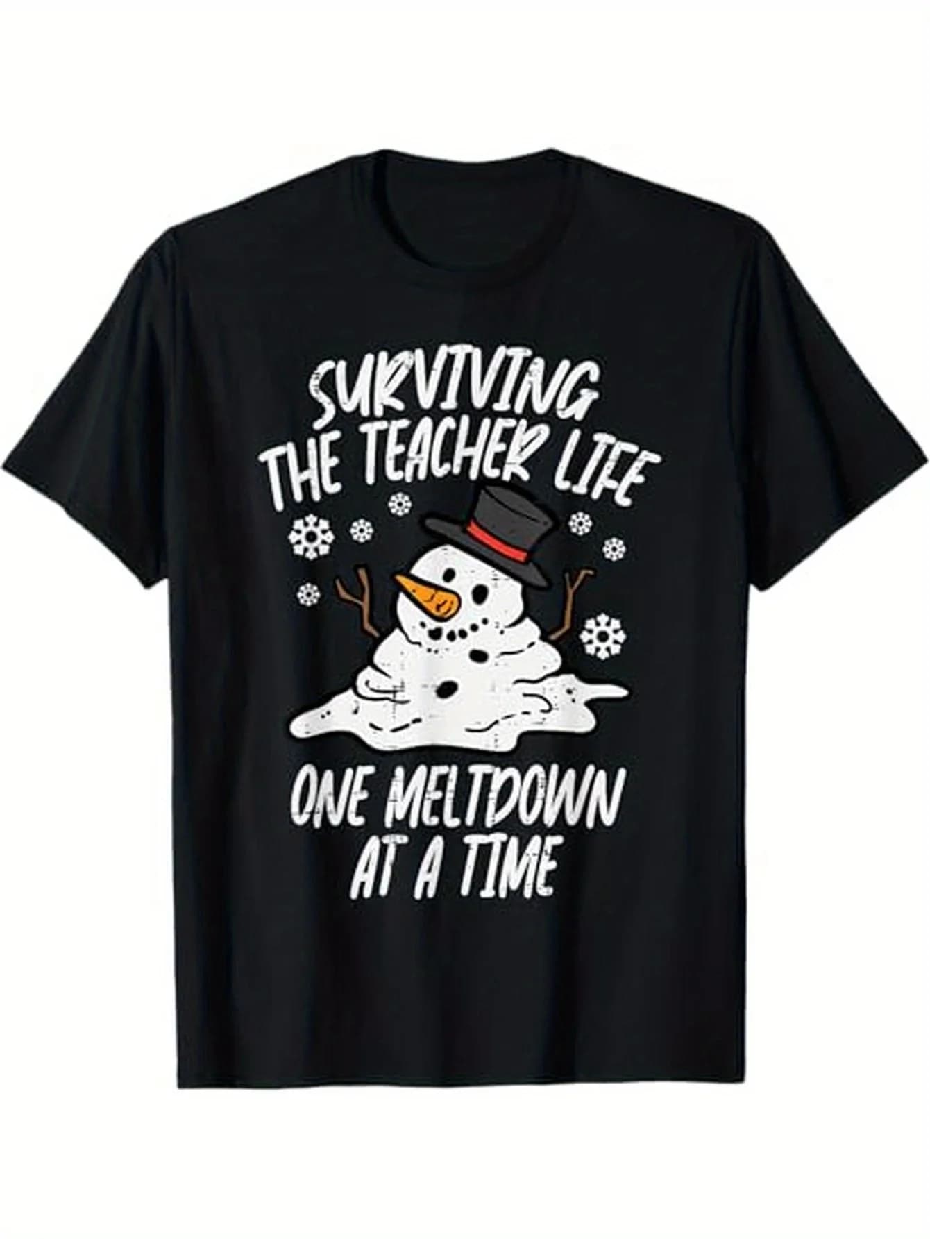 T-shirt da insegnante di Natale da uomo, design pupazzo di neve, maglietta da indossare ogni giorno 100% cotone nera S-3XL