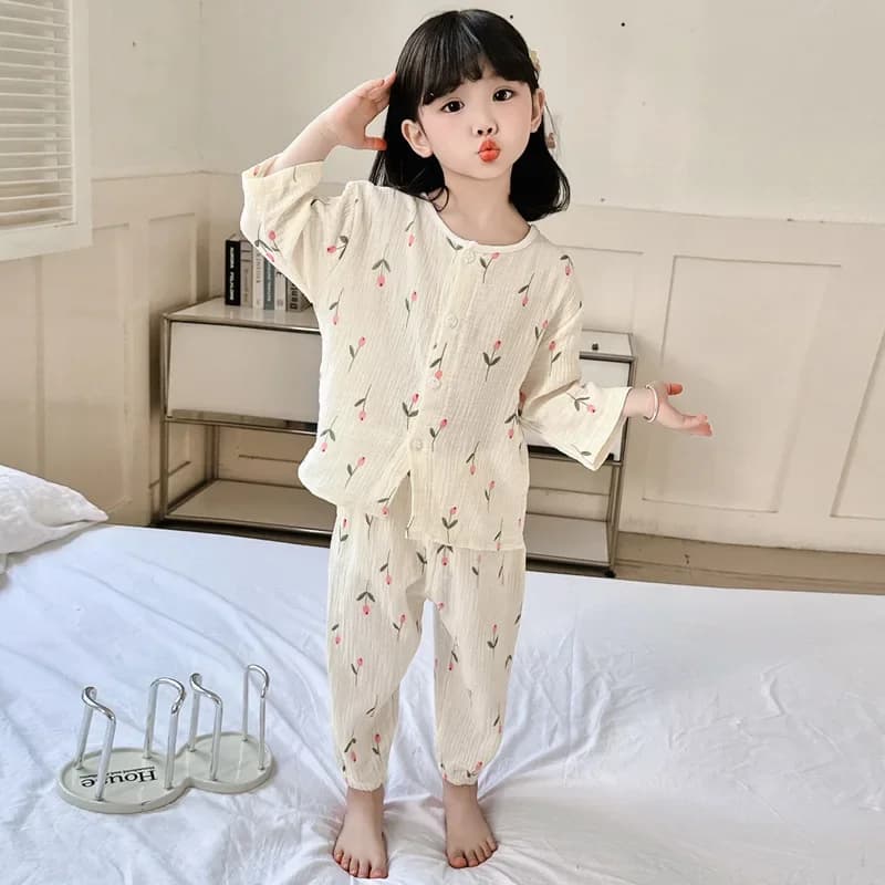 Mussola di cotone manica corta Homewear Bambini Abiti per la famiglia Camicia Top + Pantaloni 2PC 1-10T Ragazzi Ragazze Pigiami Abiti per bambini Vestiti