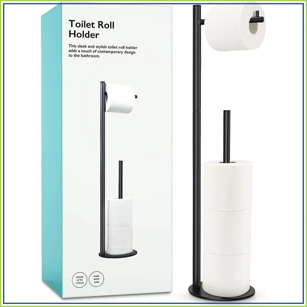 Standing Toilet Paper Holder with Storage, Holds 4 Rolls, Black, Rust-Proof, Easy Assembly