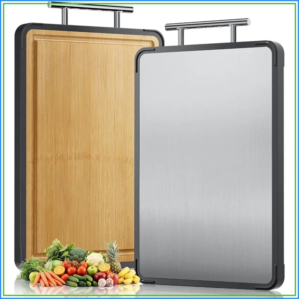Double Sided Cutting Board: Titanium & Bamboo, Reversible Chopping Board for Meat, Vegetables, Fruit, Easy Clean, 16x11