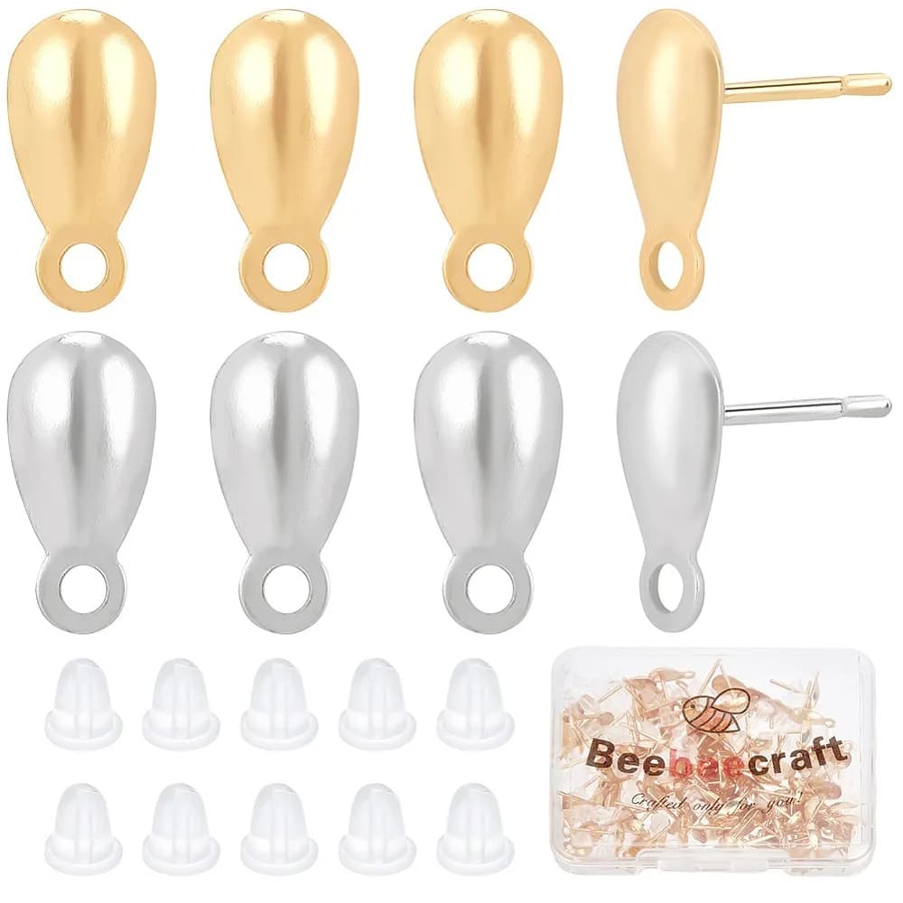 100Pcs 2 Colors 304 Stainless Steel Stud Earring Findings with Horizontal Loop Teardrop with 100Pcs Ear Nut