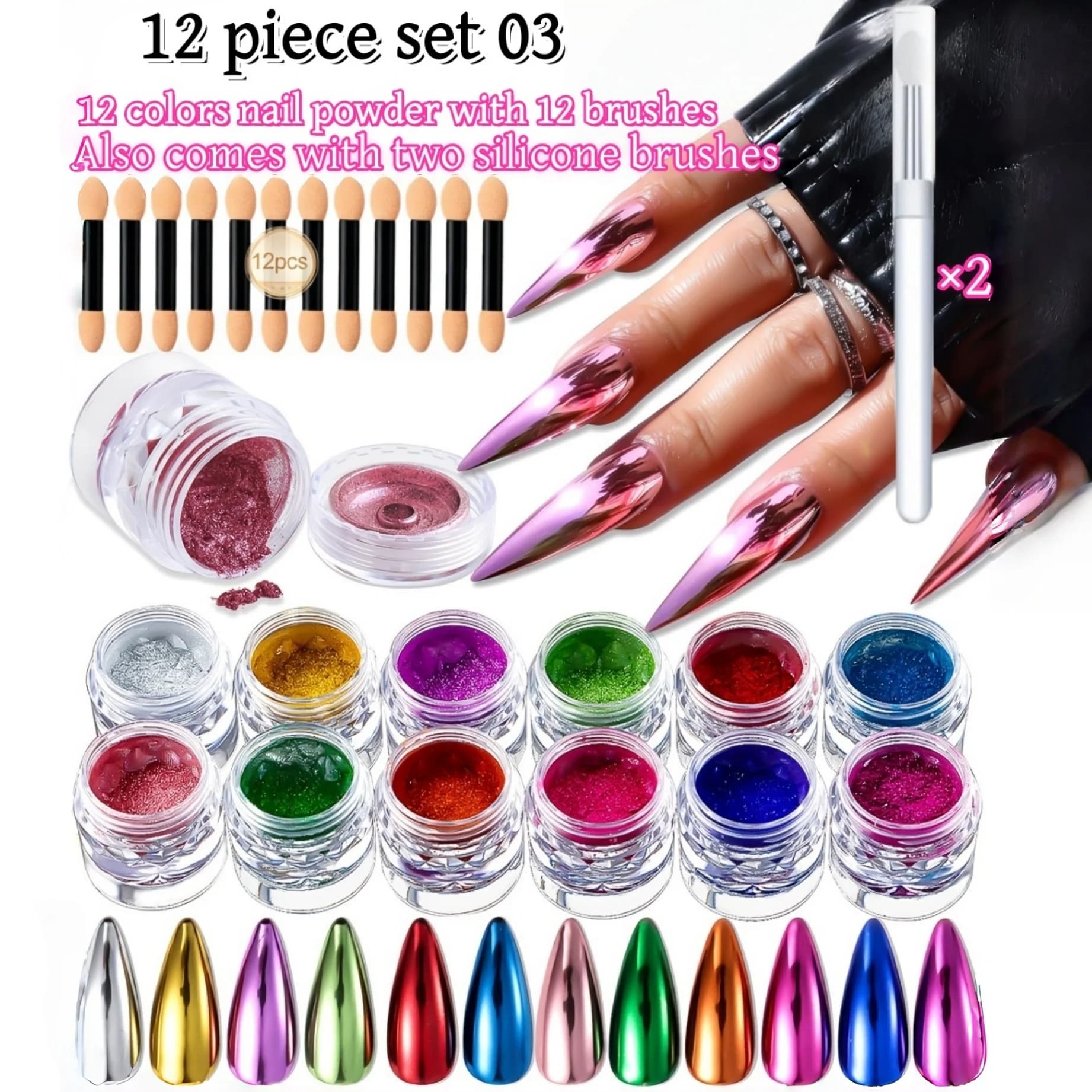 Set di 12 Polveri Cromate per Unghie, Effetto Specchio Metallico Olografico, Glitter per Nail Art, Gel Polish, Resina, Fai da Te, Manicure, Uso Domestico