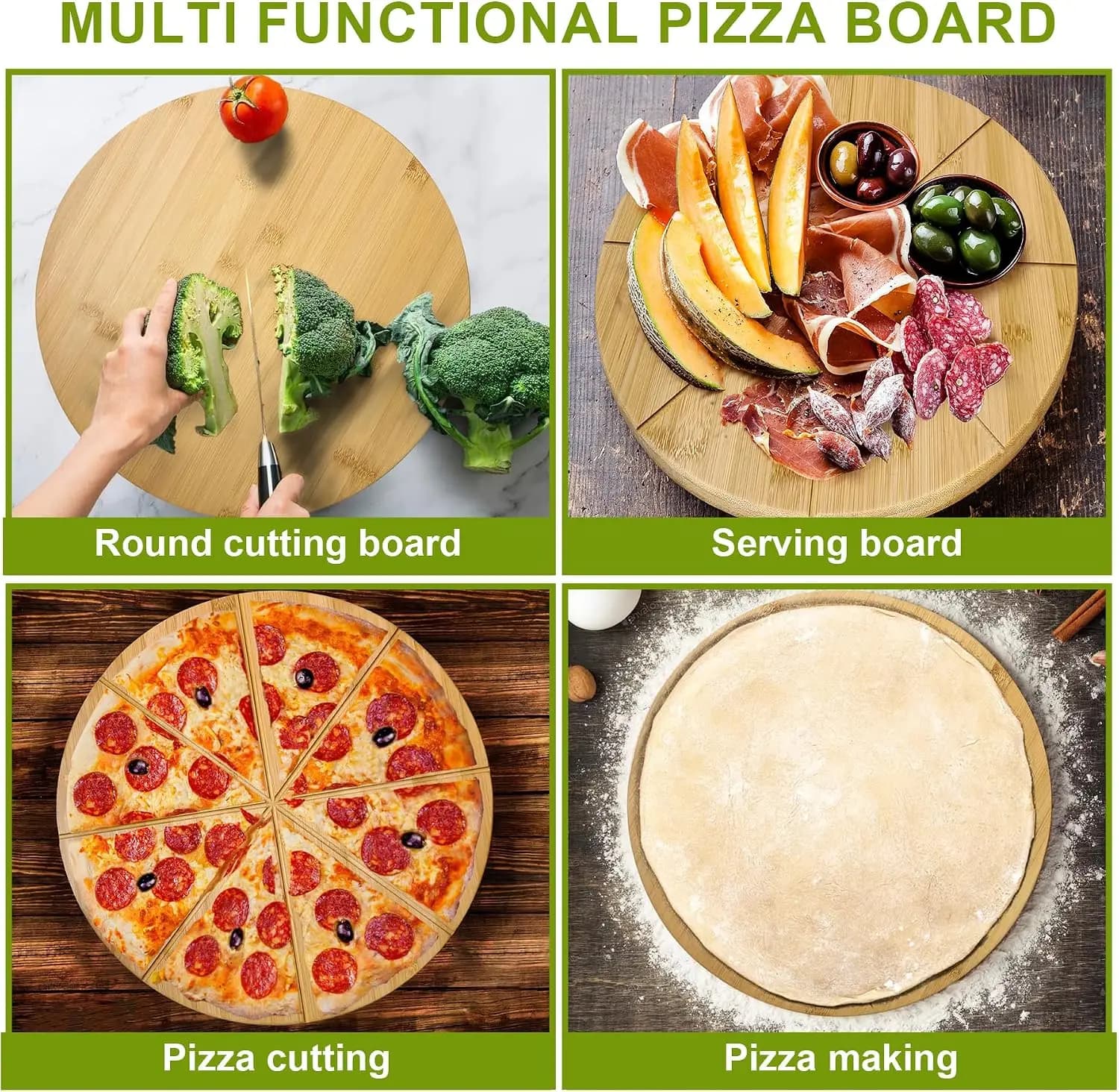 12" Pizza Cutting Board Double Sided Round Cutting Boards Large Pizza Server Bamboo Wooden 16inch Platter Pizza Oven Accessories