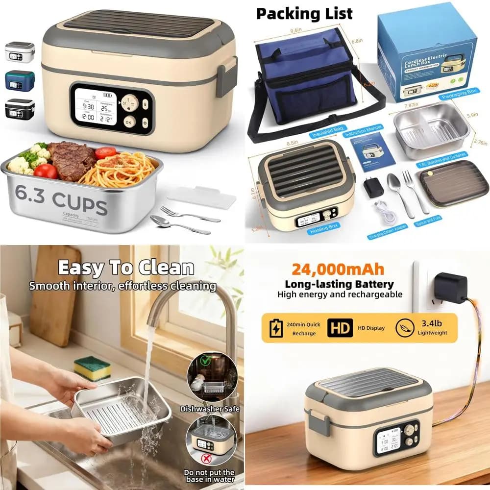 Portapranzo elettrico portatile da 6,3 tazze da 100 W con batteria da 24000 mAh, autoriscaldante, posate, borsa isolata e divisore per uomini e donne
