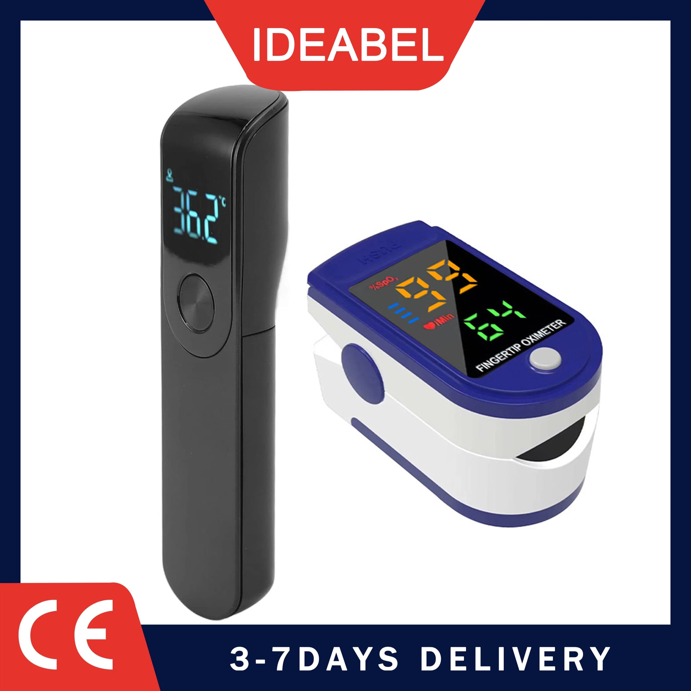 IDEABEL Digital infrared thermometer with LCD display for infants and adults, Contactless ear thermometer, finger pulse oxometer
