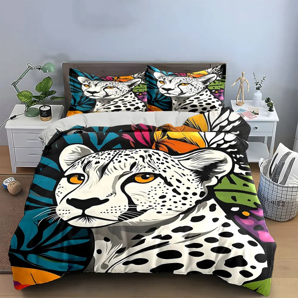 Set di biancheria da letto moderno a tema giungla, 3 pezzi, con stampa di un ritratto di ghepardo in stile pop art e fogliame tropicale, copripiumino, decorazione artistica per la camera da letto