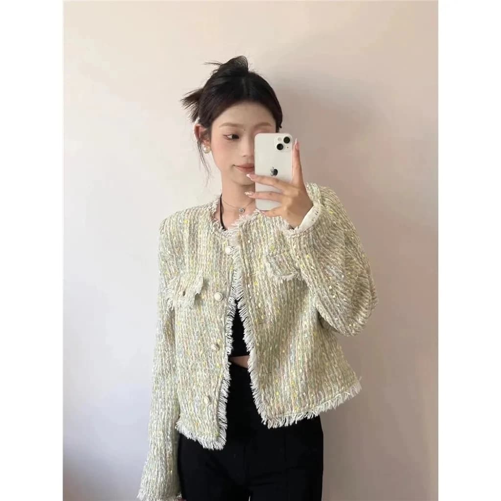 Giacca nappa verde nuova tendenza corta Chic da donna primavera autunno 2023 cappotto o-collo femminile