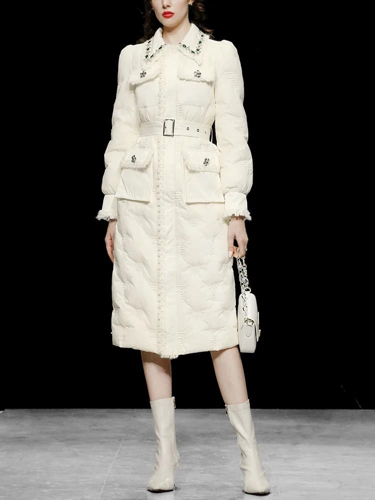 Winter abrigos mujer inviernoo puffy sleeves long white down down jacket bead lady belt
