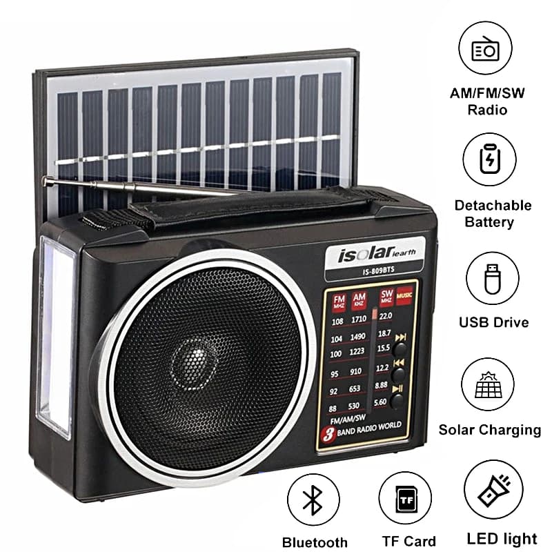 JS-5966-Solar FM/AM/SW portatile Radio di ricarica solare Radio di emergenza multibanda Altoparlante Bluetooth con torcia TF USB