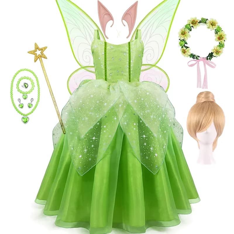Vestito da fata per ragazze Vestito da fata dei fiori verdi da principessa per bambini con ali Abiti da festa in costume da principessa Tinkerbell Trilli