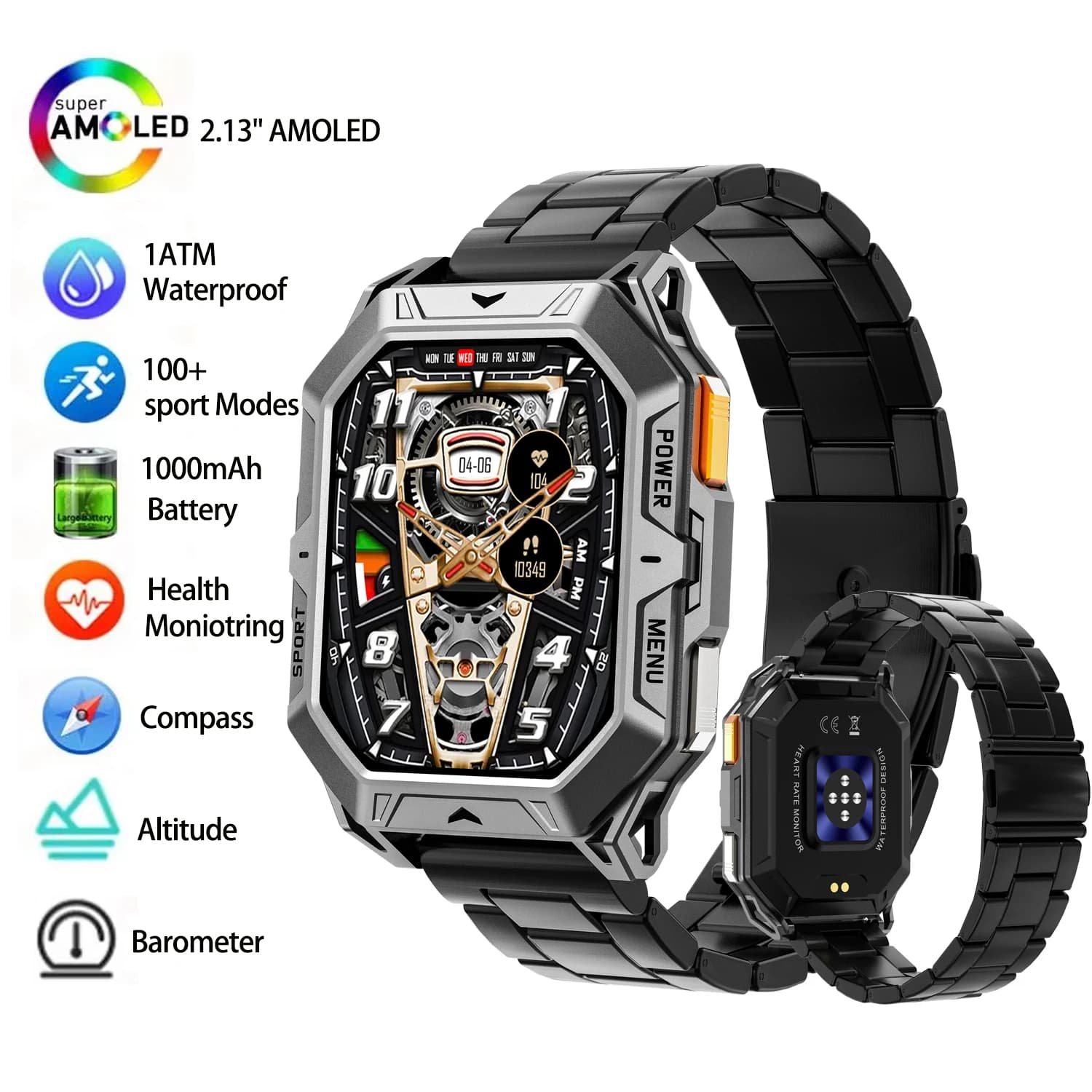 Smartwatch Sportivo con Batteria Grande da 1000mAh, Schermo AMOLED HD da 2.13", 100 Giorni di Standby, Impermeabile 1ATM, Altimetro Barometrico, Bussola