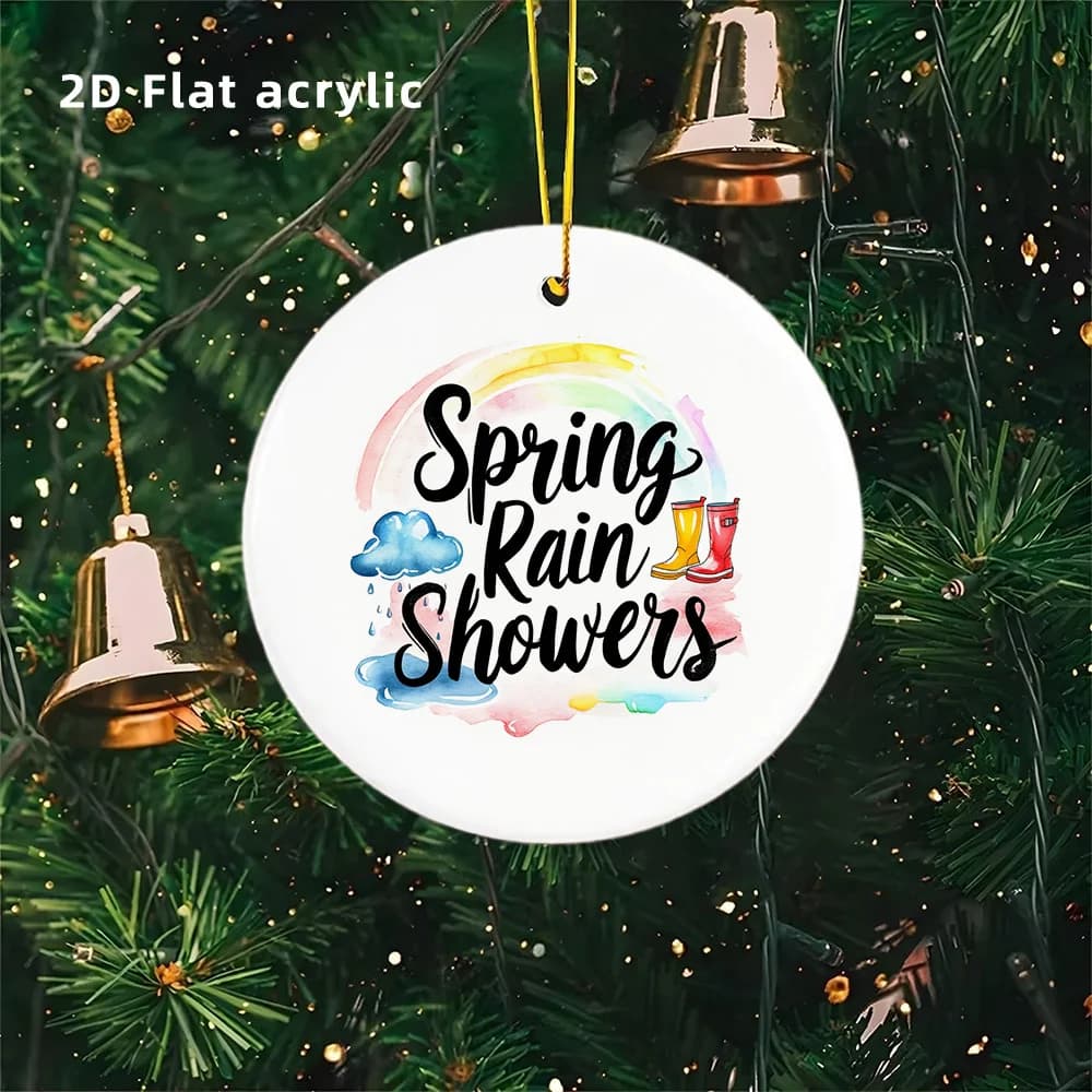 Flat design 2D 1 acrylic circular pendant with spring theme characterized by watercolor rainbow clouds, rain drops and rain boots