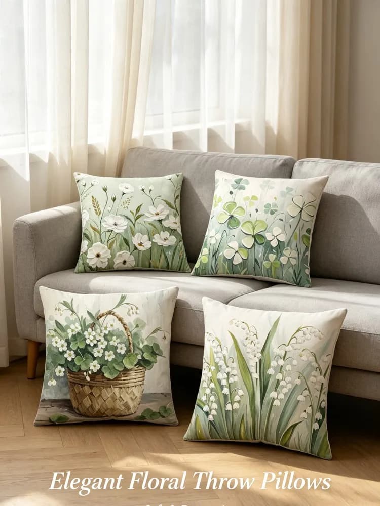 Set di Federe per Cuscini con Dipinti a Olio Vintage di Piante Verdi e Fiori Bianchi, Copricuscini Rustici con Trifoglio e Mughetto