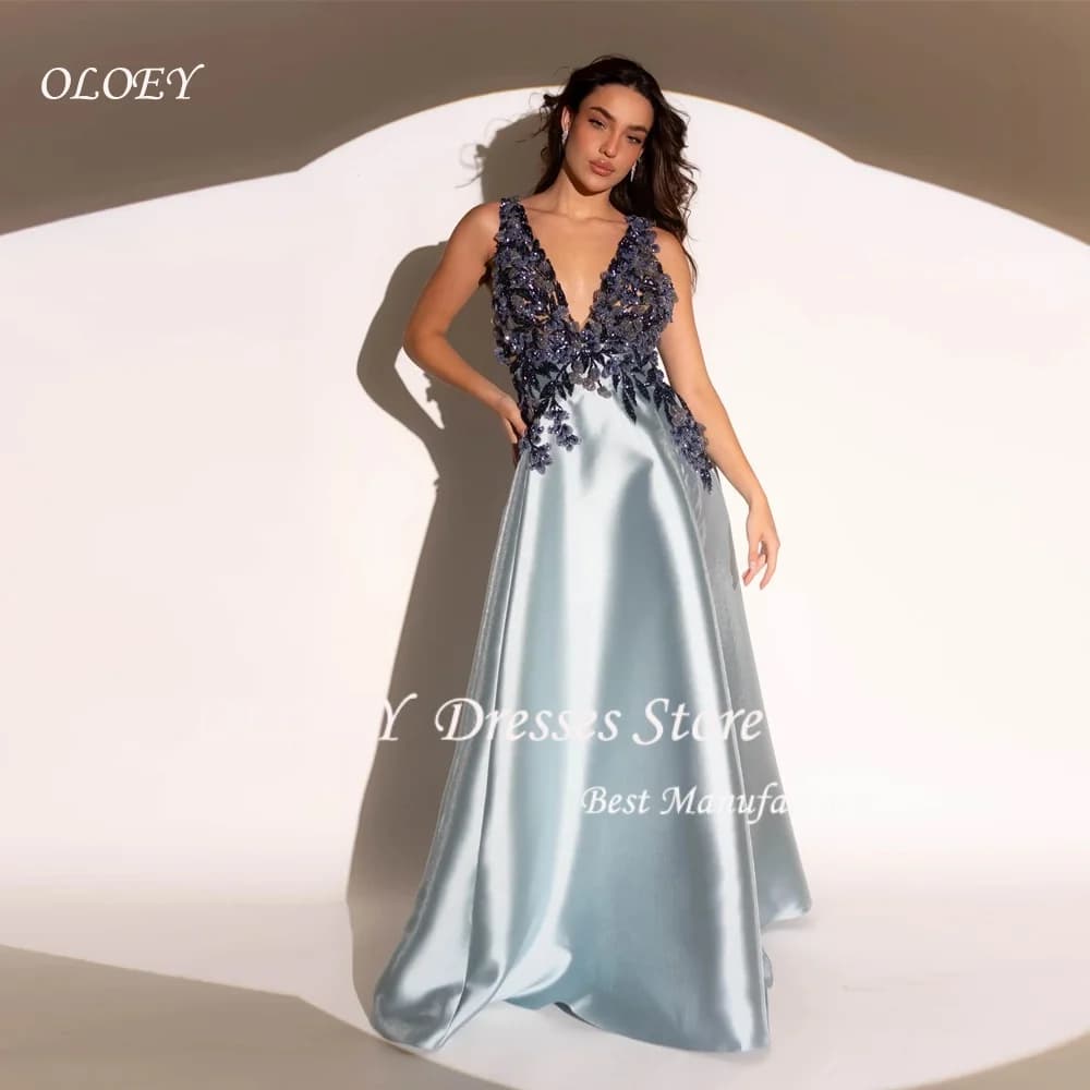 OLOEY Abiti da cerimonia blu con cinturino per spaghetti Abito da festa con scollo a V profondo per applicazioni da sposa Abiti per occasioni speciali in pizzo personalizzati
