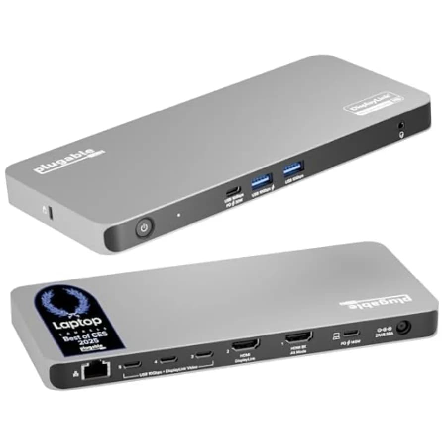 USB C Docking Station for office use, aluminum alloy, black, supports 5x 4K monitors via DisplayLink DL7400 with 140W power del