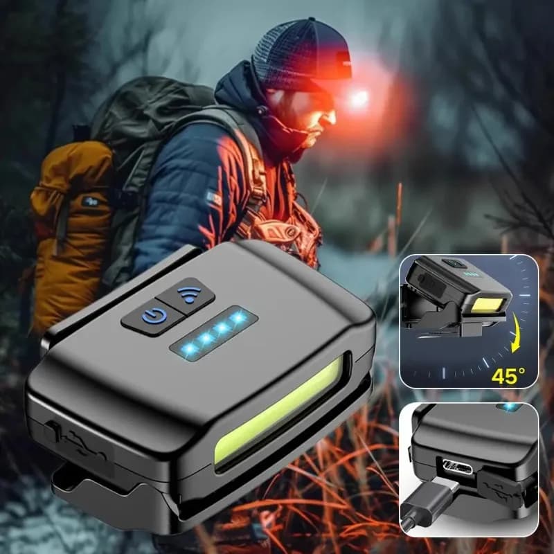 Mini Lampada Frontale Ricaricabile a LED con Clip per Cappello, Impermeabile con Sensore, Torcia per Pesca e Campeggio all'Aperto