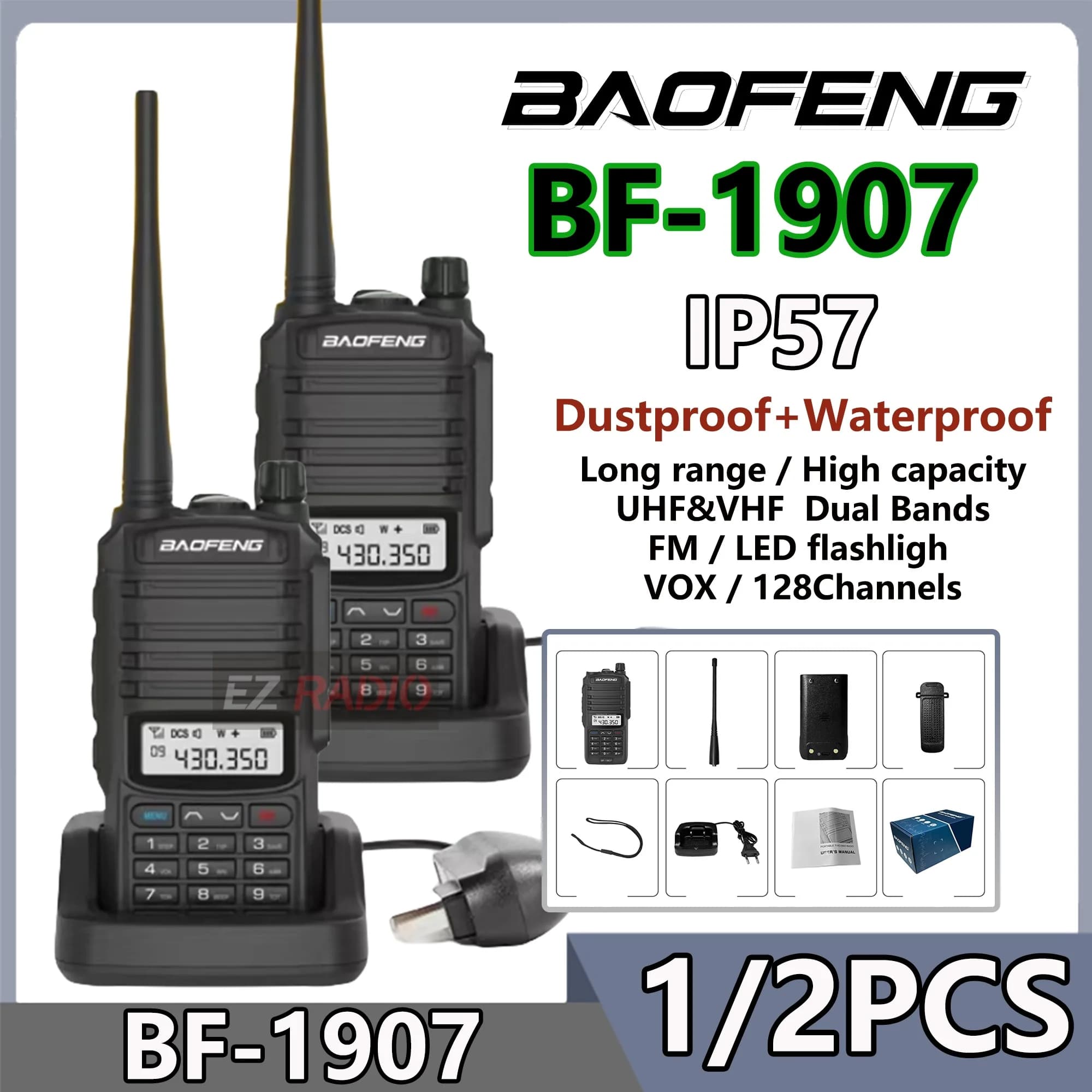 1/2 confezioni BaoFeng BF-1907 Dual Band Walkie Talkie impermeabile 10W ad alta potenza UHF VHF radio bidirezionale portatile a lungo raggio per il campeggio