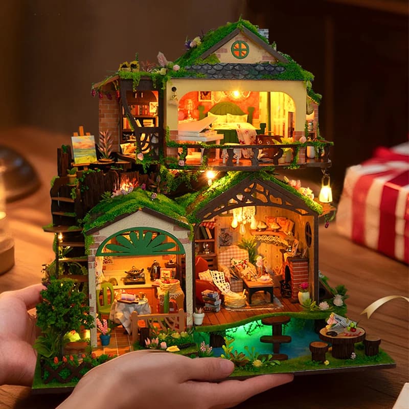 DIY Wooden Miniature Model Kit Forest Fairy Tale Villa 3D Puzzle Doll Houses With Furniture Lights for Friends Birthday Gifts