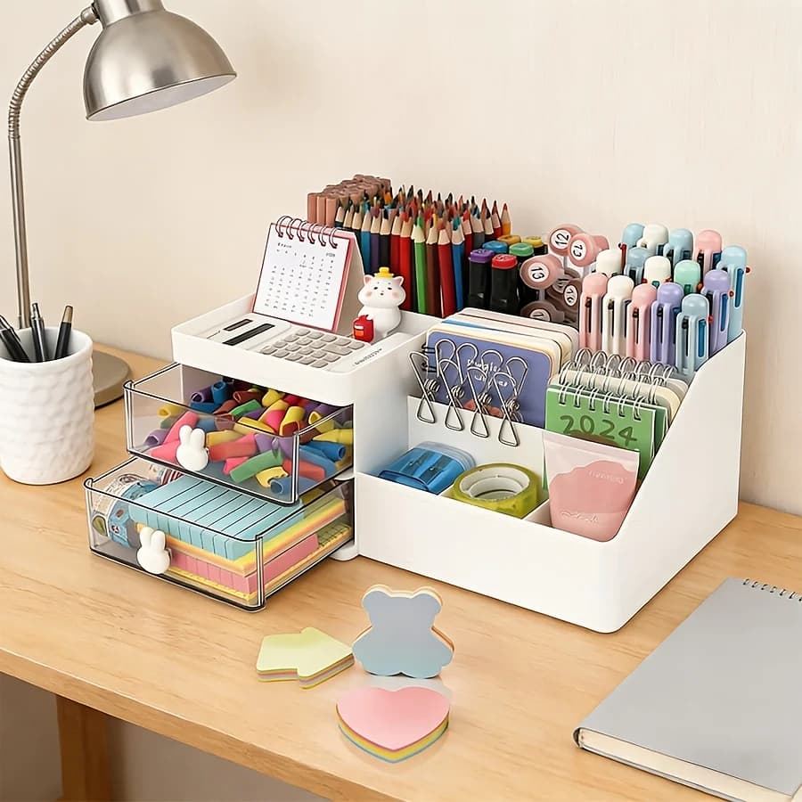 Organizer da Scrivania a Forma di Coniglio, Portapenne con Cassetti Trasparenti, Set di 2 Pezzi con Note Adesive