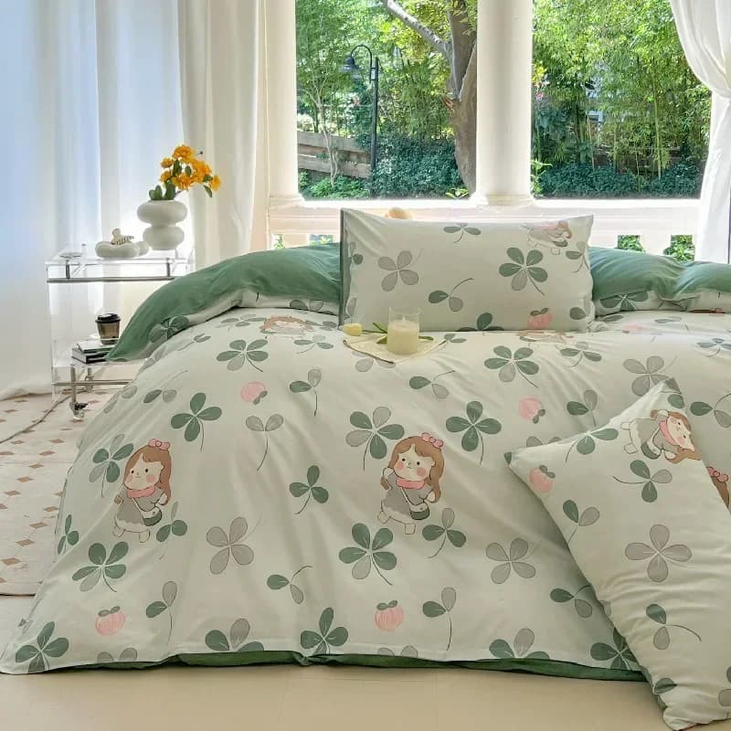 Set Letto Stampato Garden Girl, Copripiumino Floreale, Federe, Set Biancheria da Letto, Lenzuola Carine, Copripiumino Singolo, Matrimoniale, King Size, Verde