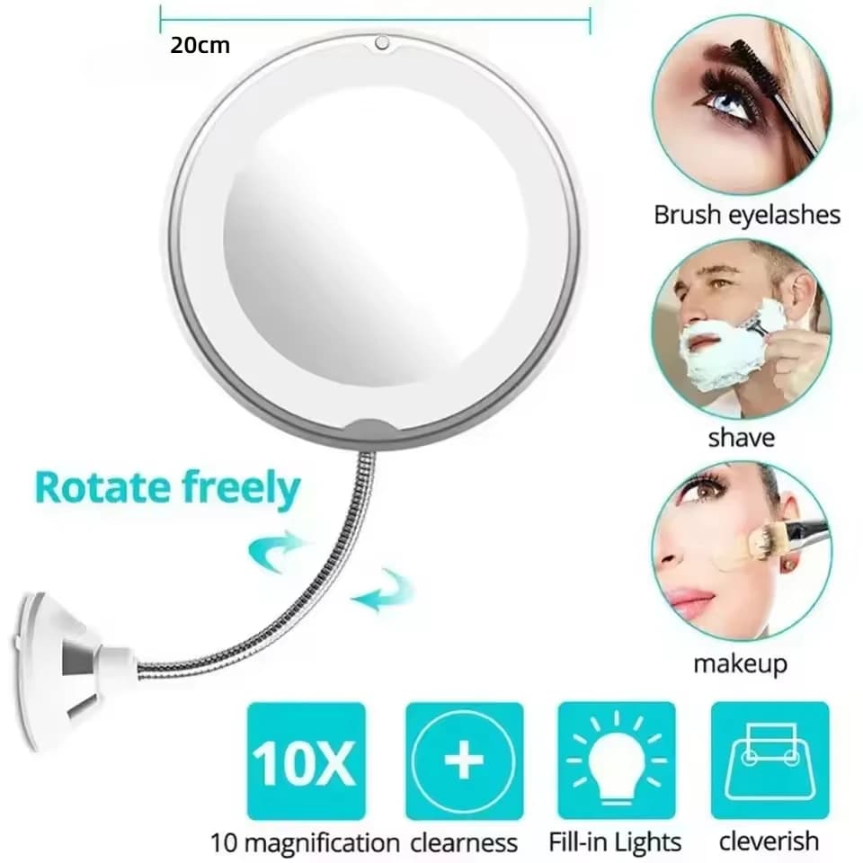Specchi Ingrandenti per Trucco 10X con Rotazione a 360° ° Specchio per il Trucco Rotante con Luce LED, Flessibile a Collo d'Oca, Luminoso e Diffuso per il Bagno