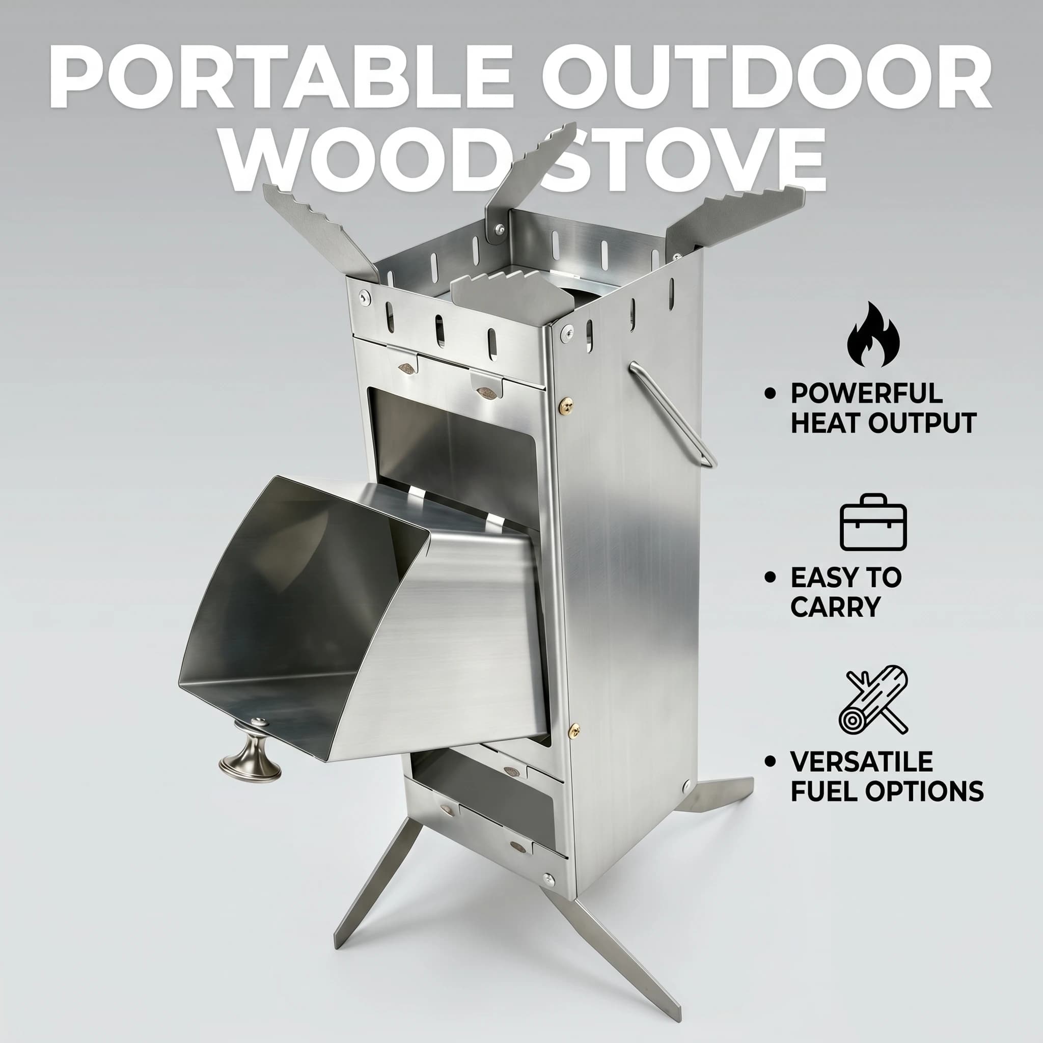 Stufa a Razzo Portatile Pieghevole in Acciaio Inox 304, Stufa a Legna per Campeggio, Escursionismo, Picnic, Riscaldatore Multifuel per Cucina all'Aperto