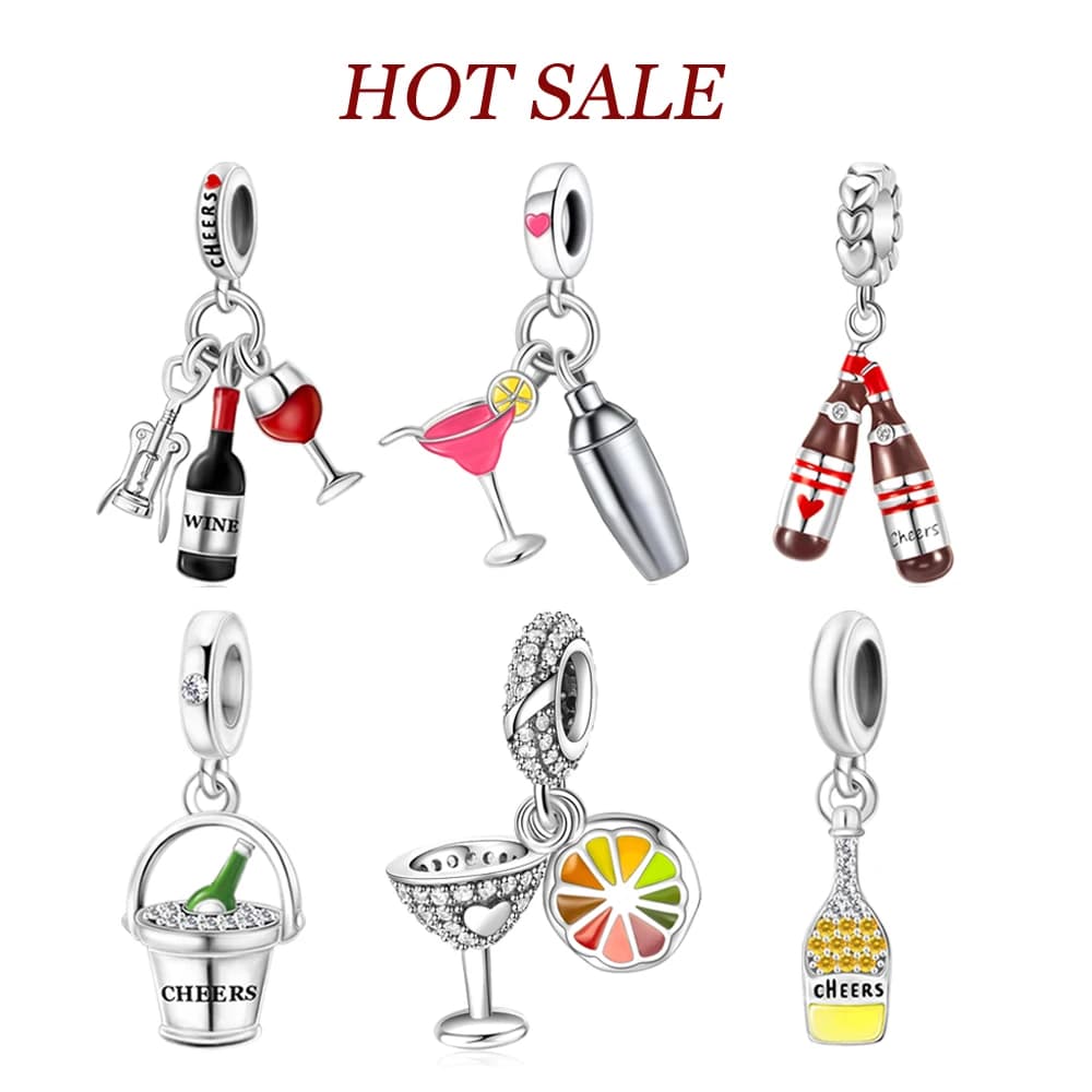 Apribottiglie, vino rosso e bicchiere Saluti Trio Ciondola il fascino Fit Pan Charms Bracciale originale Gioielli da donna fai da te Regalo per la celebrazione