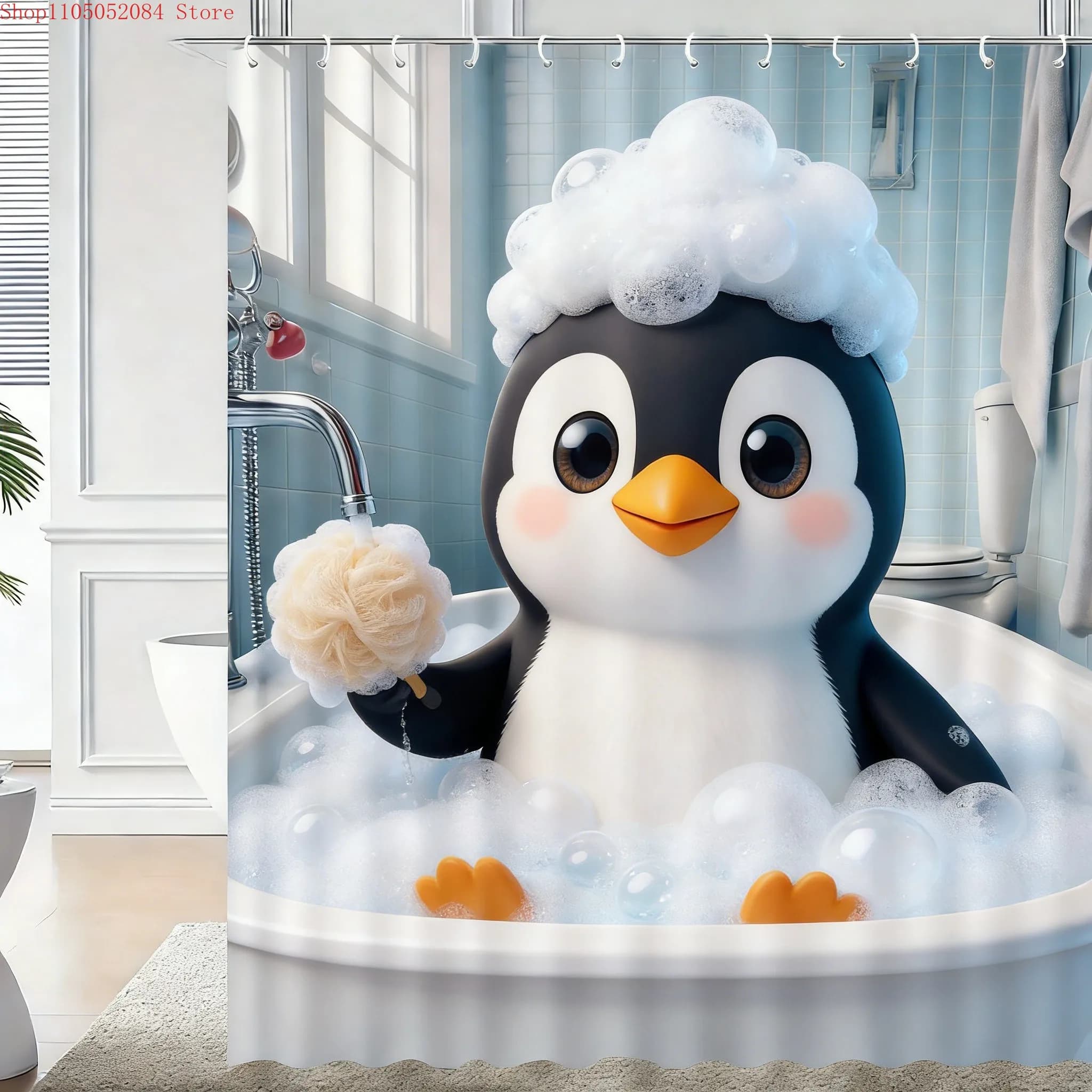 Cute 3D Cartoon Penguin Bathing with Bubbles Waterproof Shower Curtain - Fun Bathroom Decor multiple sizes