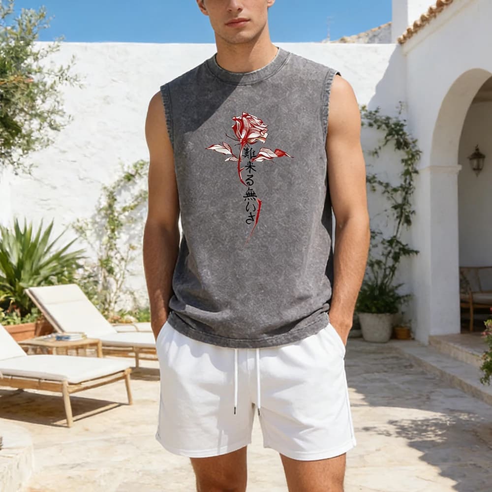 Men's Summer Set: Canotta Lavata and Sports Shorts, T-Shirt Sleeveless Retro Style with Graphic Printing Roses and Text, Harajuku Style