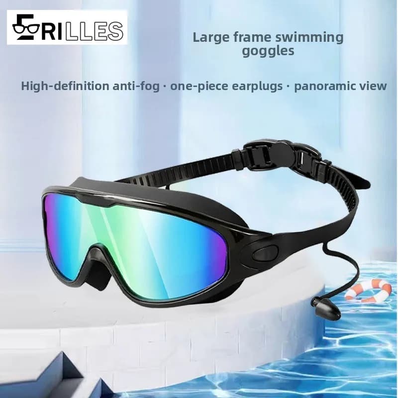 Adult swimwear with large frame, anti-fog mirror lenses and UV protection, silicone soft seal, for swimming, snorkeling on the ocean