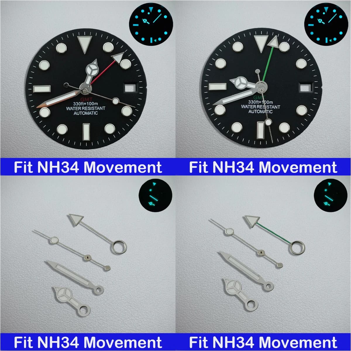 Quadrante per Orologio da 28,5mm con Lancette GMT, Luminoso Blu-Verde, Compatibile con Movimento NH34, Accessori per Orologi da Uomo con Calendario Singolo