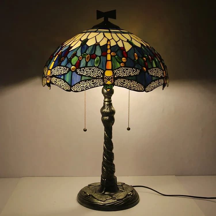 Lampada da Tavolo Tiffany 16 Pollici con Paralume in Vetro Colorato e Base a Libellula in Mosaico per Illuminazione Elegante