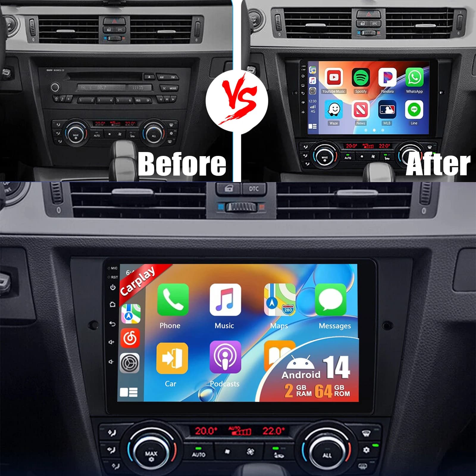 64G Android14 CarPlay Per BMW Serie 3 E90 E91 E92 E93 2005-2013 9 "Car Stereo GPS Navi WiFi Bluetooth FM Radio IPS Touch Screen