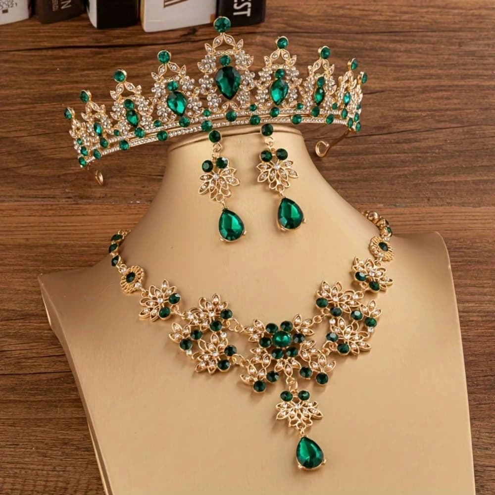 Set di 3 Pezzi: Collana con Corona di Cristallo, Orecchini e Accessori per Capelli da Sposa con Strass, Gioielli da Matrimonio per Donne