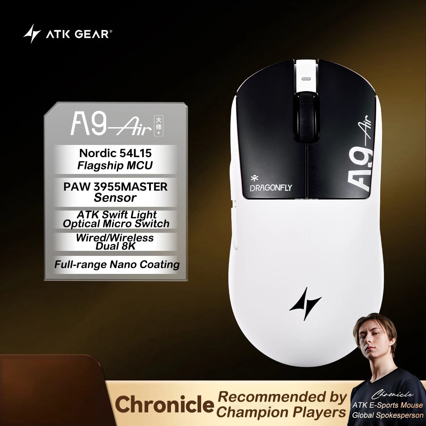 Mouse da Gaming ATK A9 Air Ultimate Plus, Doppio Modello PAW3955Master, 8K Dual, A9 MINI Plus, Leggero ed Ergonomico per E-sports e FPS