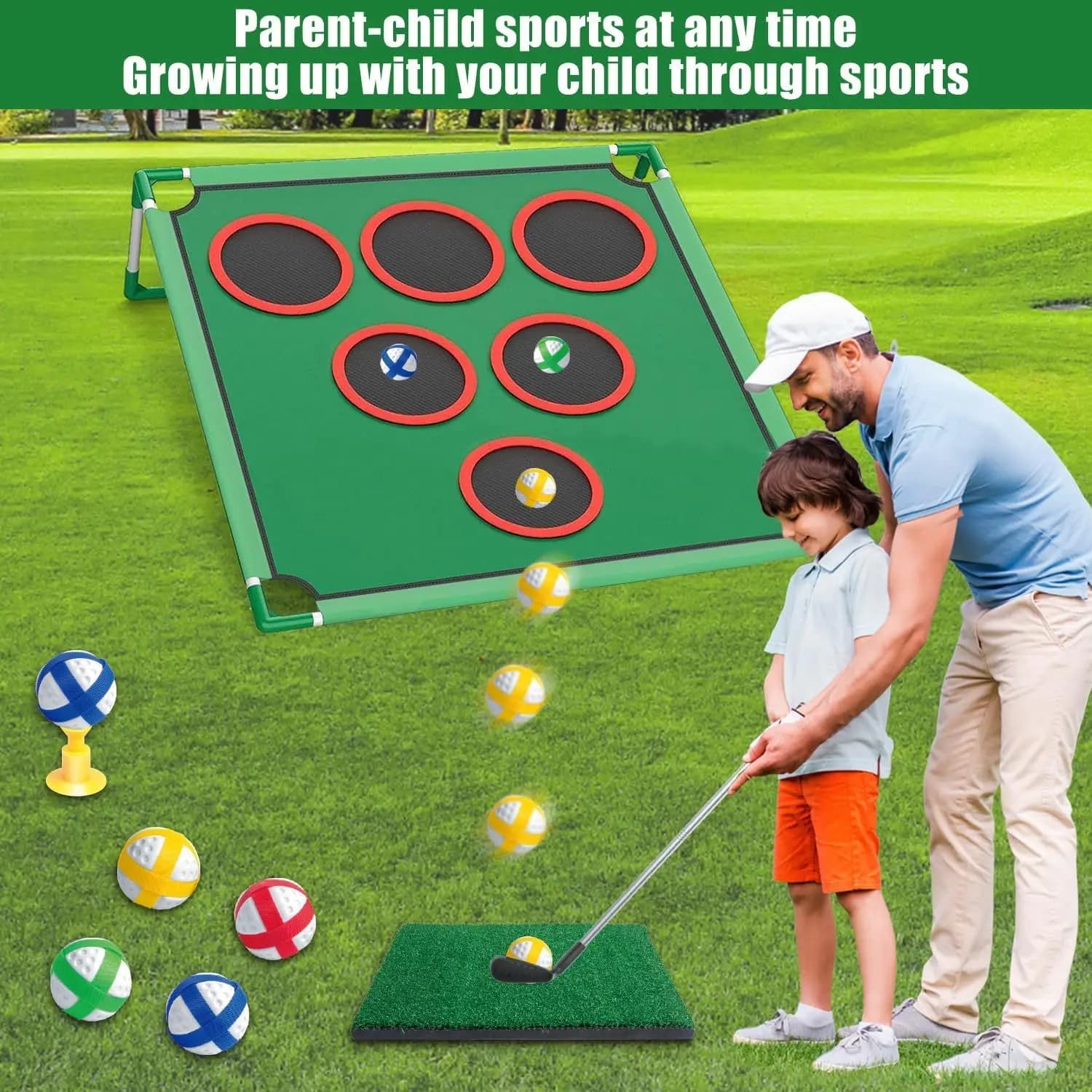 Set da gioco Golf Chipping - Gioco Cornhole da giardino include tappetino da putting, 20 palline adesive, 6 coperture per buche, mazza, borsa per il trasporto - Golf