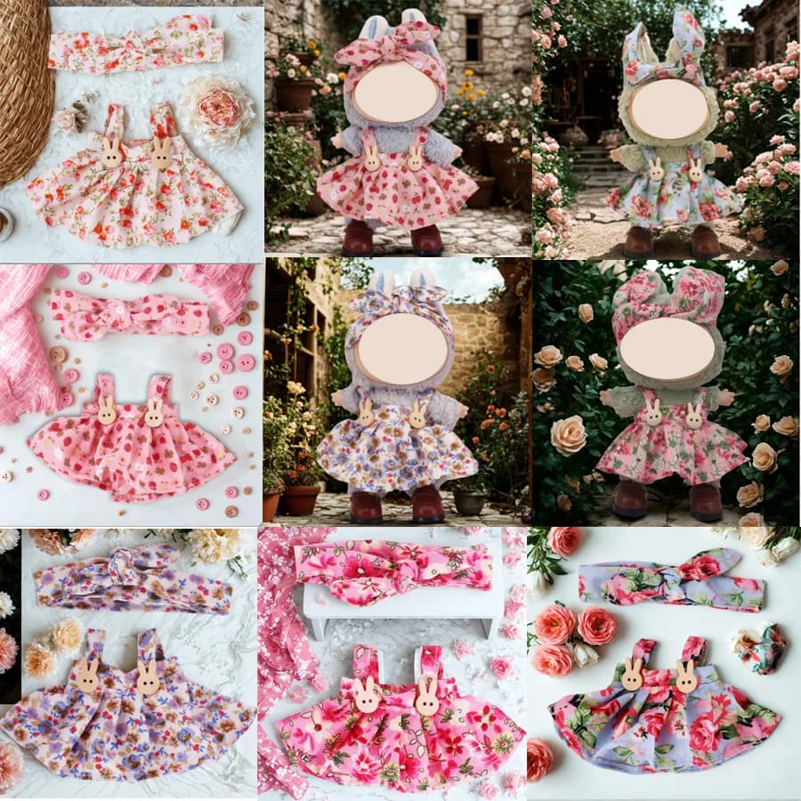 For Labubu 15-17cm Doll Accessories, Fashionable And Sweet Countryside Floral Skirt, Floral Headband Set, Children's Gift