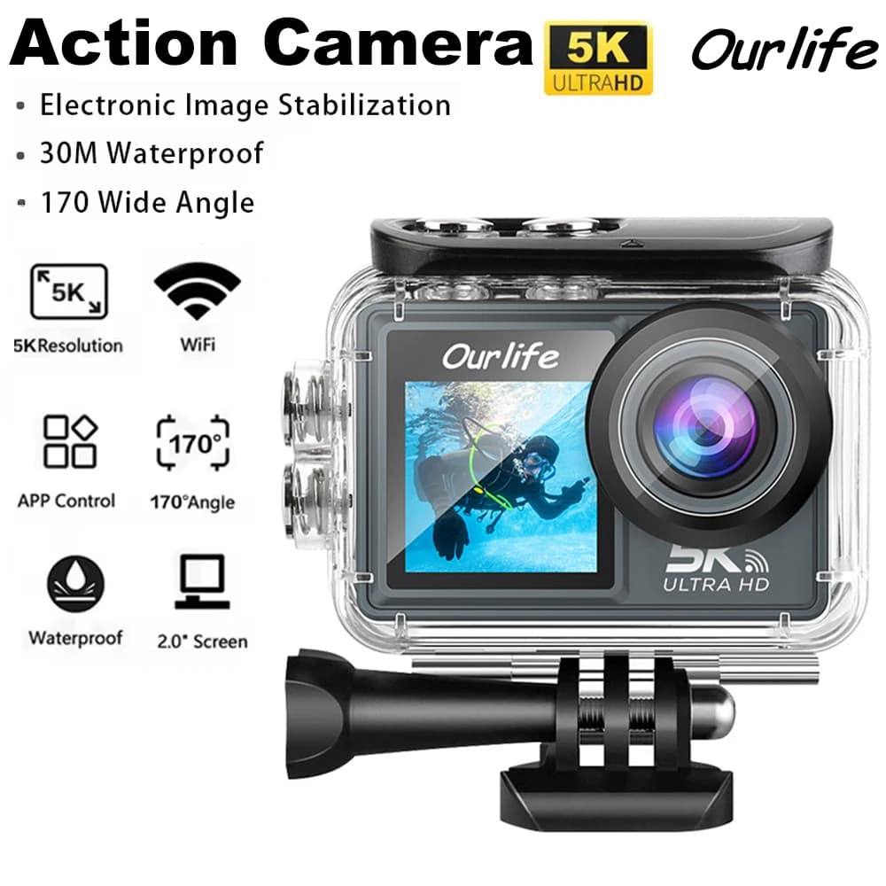 Ourlife MTR40 Action Camera 5K30FPS 2.0\" Screen Touch IPS WiFi 170° ° Professional Sports Camera for Helmet with Zoom 5X and Waterproof 30M