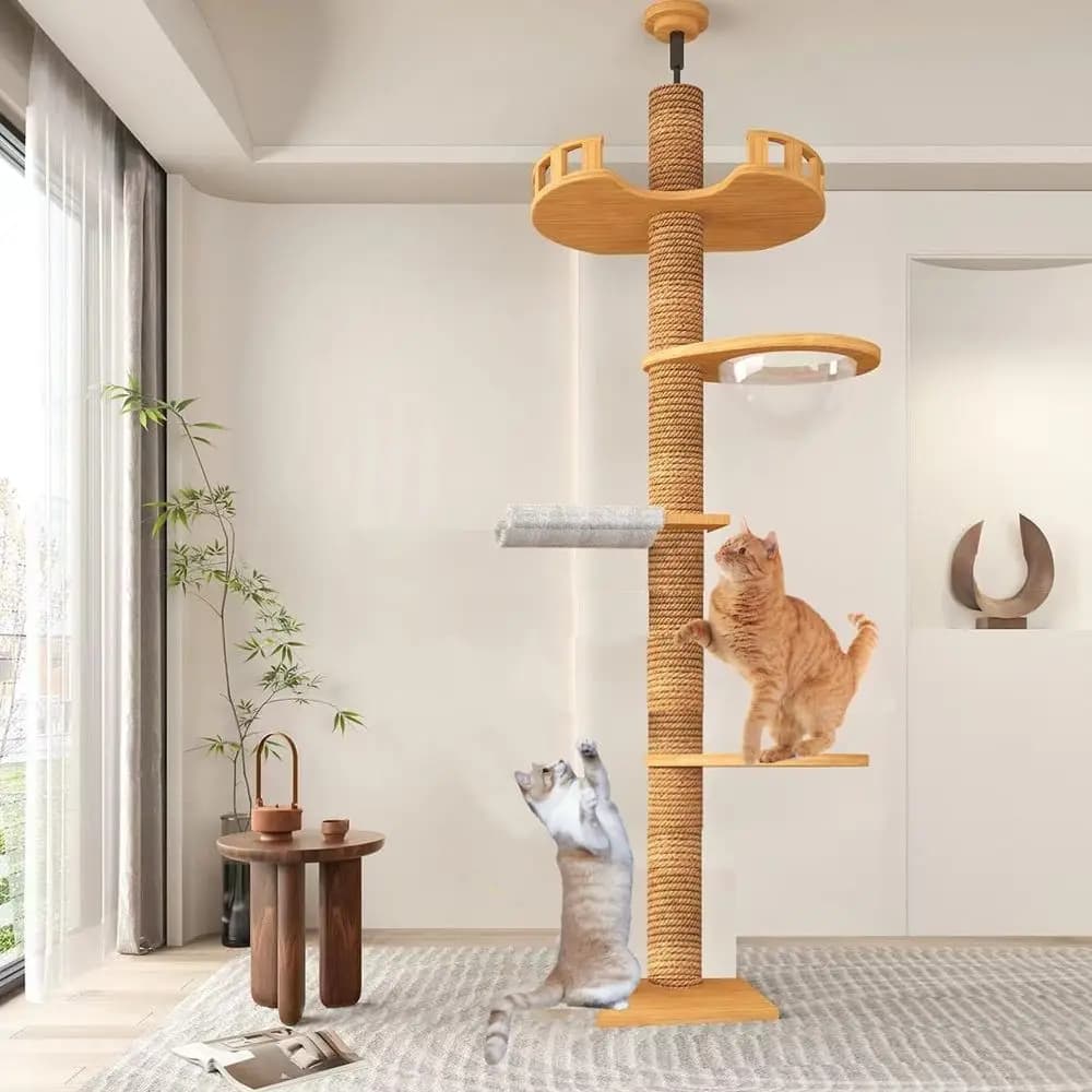 Torre per Gatti in Legno Regolabile in Altezza con Piattaforme per Saltare, Corda in Sisal e Giocattoli Interattivi