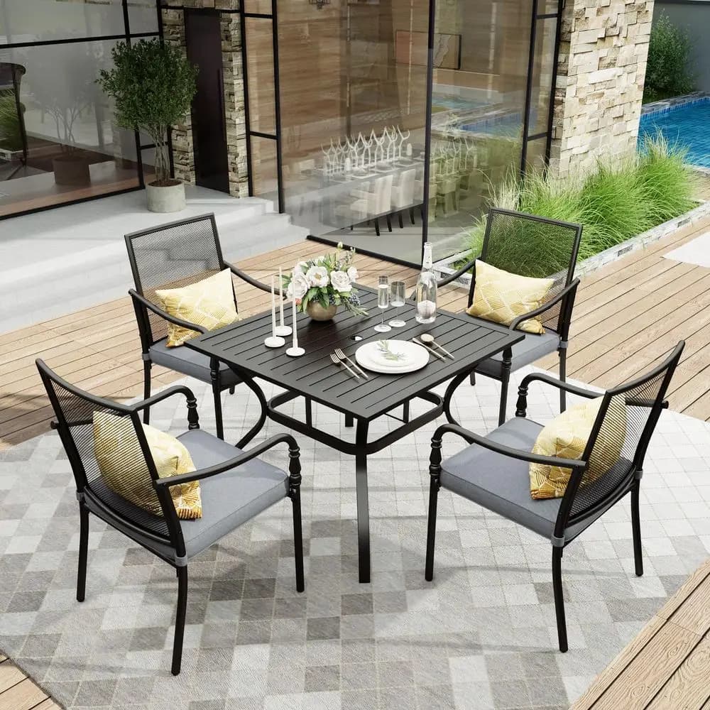 Set Tavolo e Sedie da Esterno in Metallo per 4 Persone, Set da Pranzo per Esterni 5 Pezzi, Tavolo Quadrato da 37 Pollici con Eleganti Sedie con Braccioli Imbottiti