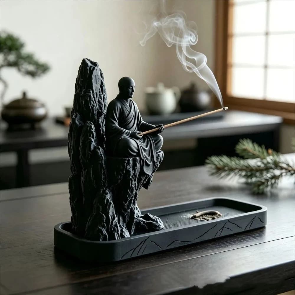 3D Printed Zen Monk Stick Incense Holder Chinese Style Mountain Cliff Monk Figurine Censer Simulated Plastic