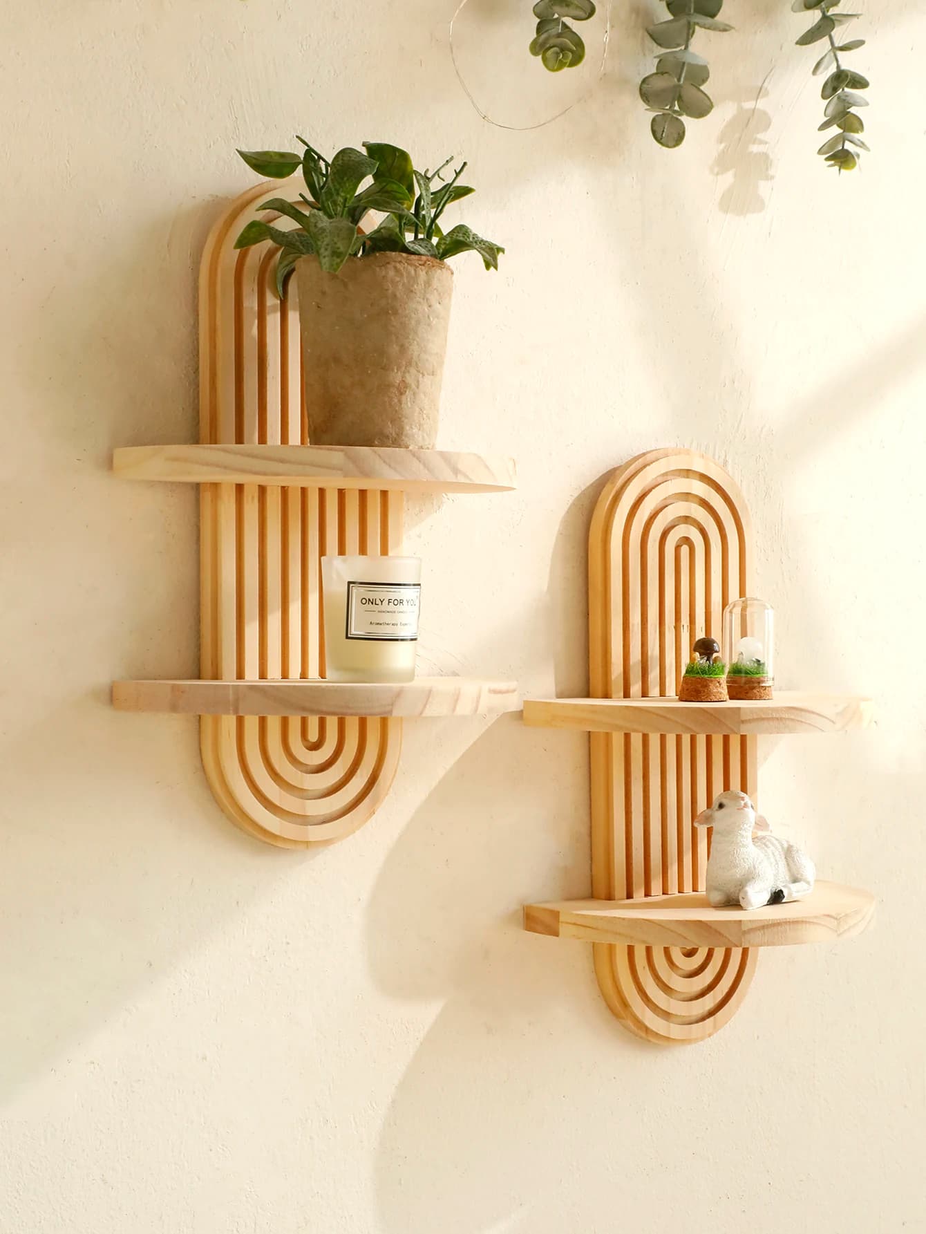 Mensole da parete in legno stile Boho a 1,2 livelli, mensole da parete geometriche, finitura in legno naturale, decorazioni per la casa moderne, decorazioni per piante