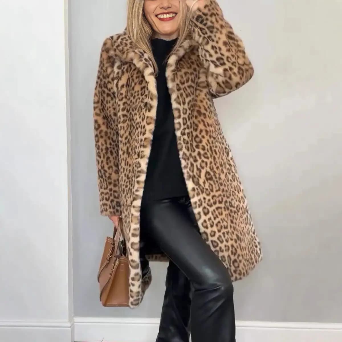 Fashionable Leopard Print Plush Jacket Mid-Length Autumn Winter Outerwear Women's Regular Thickness Inner Wear Non-Hooded