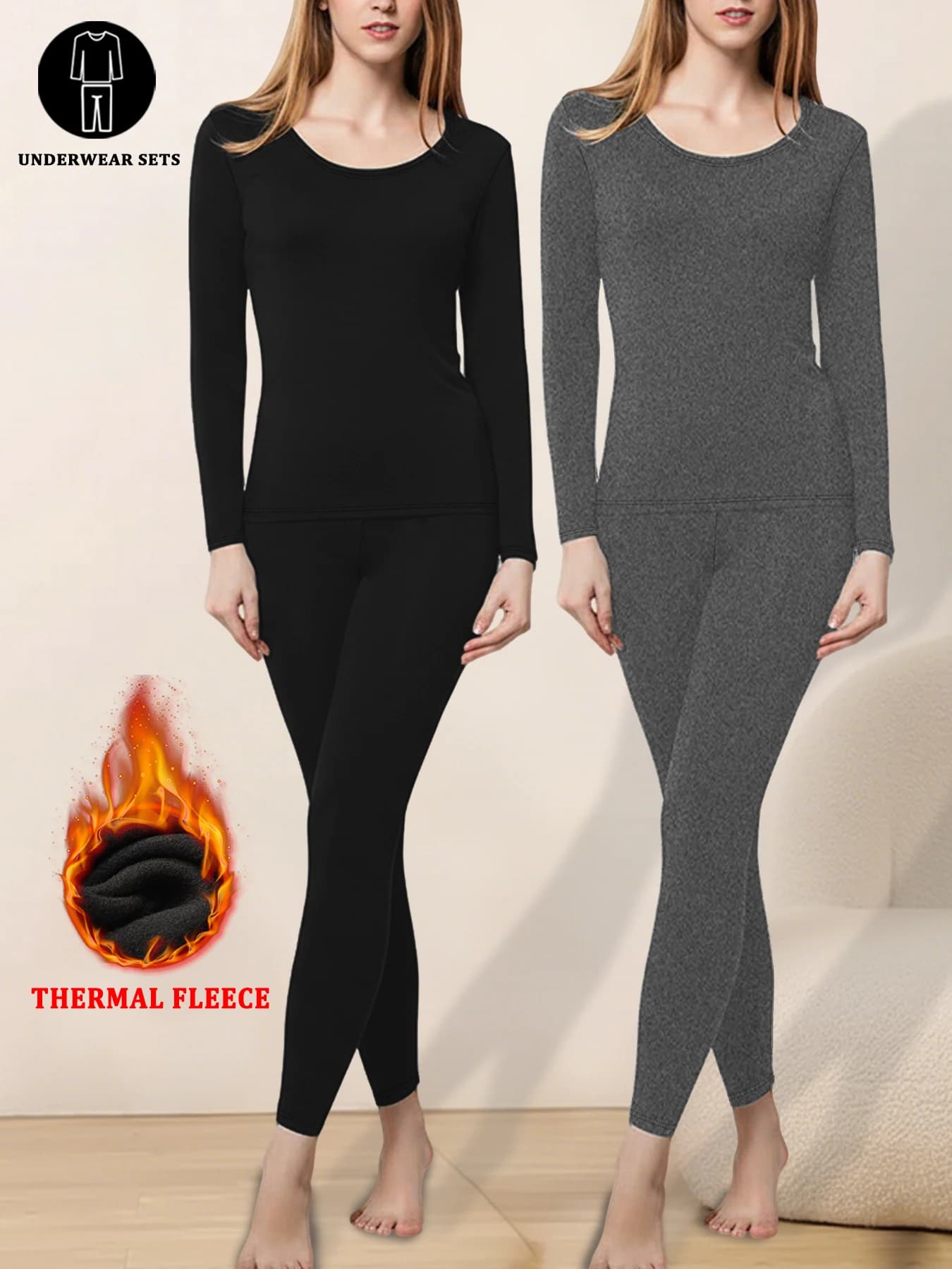 Confezione da 2 set di biancheria intima in pile termico super morbido da donna, set di pigiami invernali per la stagione fredda