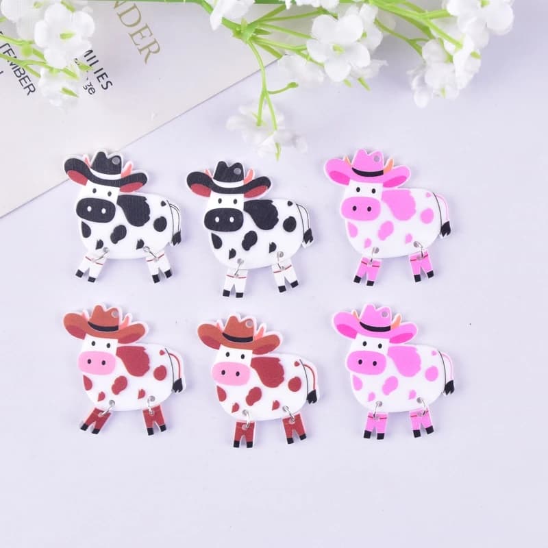 10pcs Mix Style Western Cowboy Cattle Cow Acrylic Charms for Women Earring Necklace DIY Jewelry Accessory
