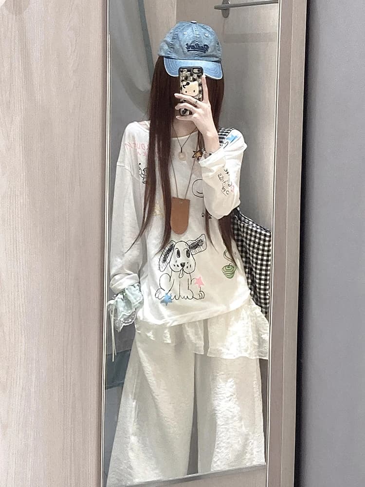 American Graffiti Print Off-Shoulder Long Sleeve T-Shirt Women Summer Loose Slimming Sweet Spicy Girl Sunscreen Cover up Top