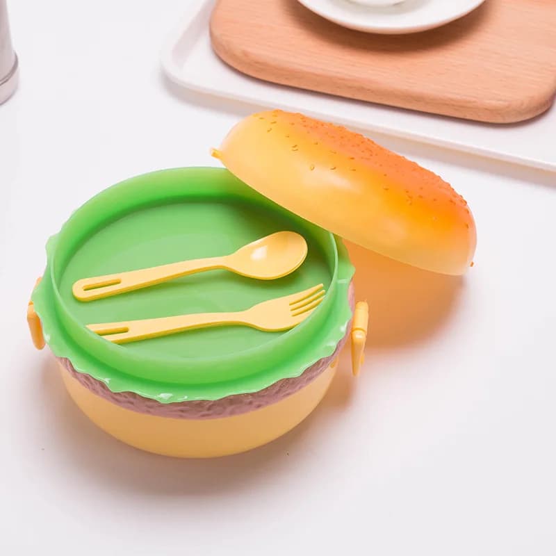 Creativa Scatola per Pranzo a Forma di Hamburger, Contenitore per Alimenti a Due Livelli, Carino Porta Pranzo Bento per Microonde con Set di Posate